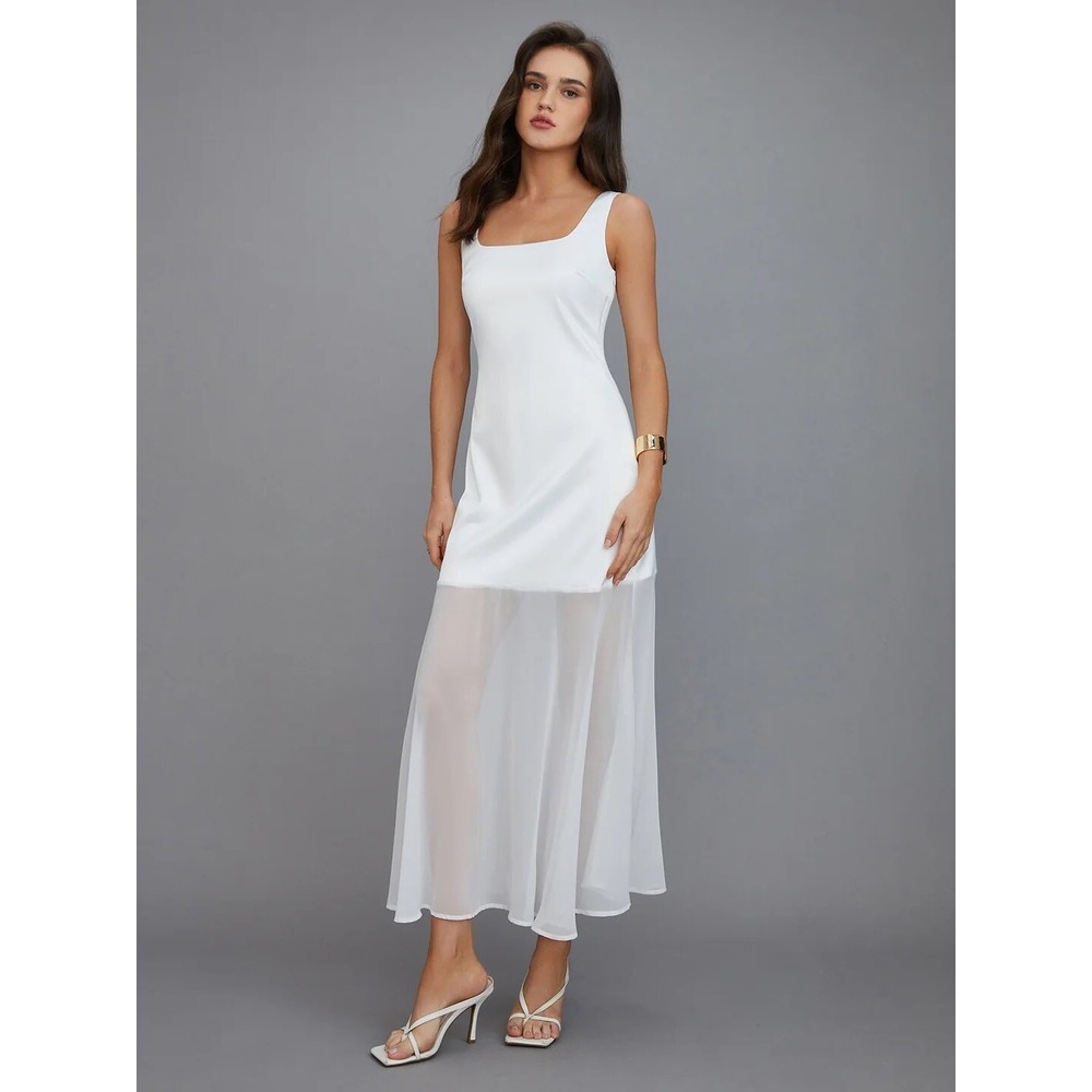 Commense White Maxi Dress Sheer Overlay Sleeveless‎ Party Cocktail Dress Size M